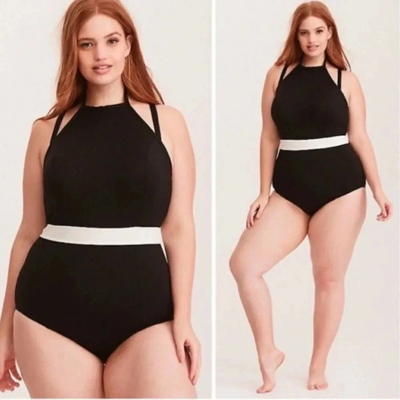 Torrid Swim Suit One Piece Textured High Neck Convertible Straps Black Large - Picture 6 of 11